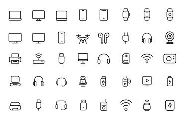 Poster - Line style set of electronic devices icons for web and mobile apps. Gadgets, smart technology, laptop, smartphone, tablet, drone, computer monitor vector illustration and more.