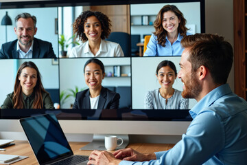 Poster - Global Professionals: Diverse Group Engaging in Virtual Business Meeting Across Multiple Devices