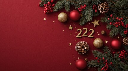 Wall Mural - merry christmas red background decorated with happy 2022 new year tree branches and baubles stars, w