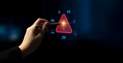 Poster - Cybersecurity threat alert protects data. Cyber security threat alert prevents access, alert warns breach, defends system, and cyber security threat alert identifies risk. Latch