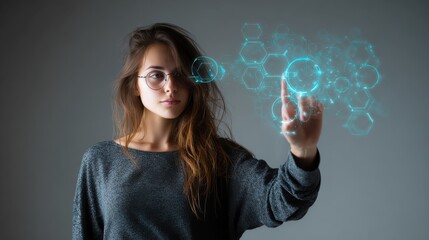Poster - Young woman touching future technology social network button , no logos, no brands