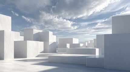 Poster - A luminous landscape of white cubes casting soft shadows, embodying a clean and minimalist design