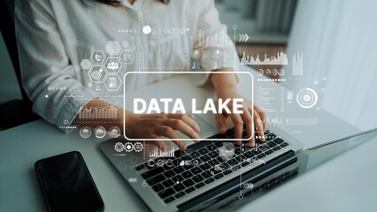 Poster - Business Professional Working on Laptop with Data Lake Concept in Modern Office Environment. Asymptotic smart data analytic.