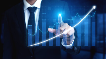 Poster - A businessman interacts with a digital graph highlighting growth trends. The modern office background reflects a commitment to innovation and strategic success. Impute