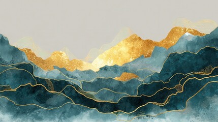 Poster - Mountain background vector. Minimal landscape art with watercolor brush and golden line art texture. Abstract art wallpaper for prints, Art Decoration, wall arts and canvas prints. , no logos, no bra