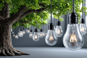 Poster - Bright lights hanging from branches of a tree in an artistic indoor space