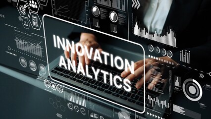 Poster - Businessperson Engaging in Innovation Analytics with Data Presentation on Laptop Screen. Asymptotic smart data analytic.
