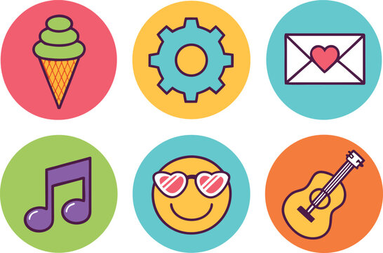 Collection of six colorful oval icons featuring a sweet ice cream cone a mechanical gear a love letter a musical note a happy smiley face with heart sunglasses and a guitar