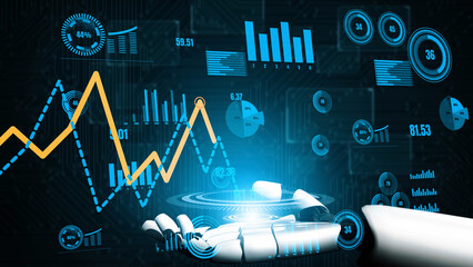 Poster - A futuristic robot hand interacts with stunning data visualizations and graphs, showcasing the intersection of technology, finance, and innovation in a digital world. Xenic
