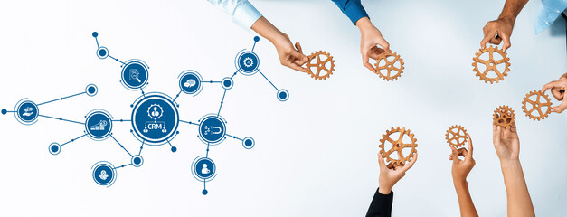 Poster - This image illustrates a collaborative business strategy, showcasing diverse hands interacting with gears around a CRM concept, symbolizing teamwork and innovation in modern management. Amity