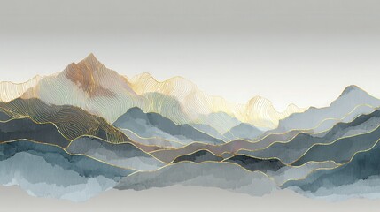Poster - Mountain background vector. Minimal landscape art with watercolor brush and golden line art texture. Abstract art wallpaper for prints, Art Decoration, wall arts and canvas prints. , no logos, no bra