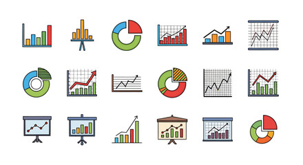 Poster - Vector Icons Set of A collection of colorful business chart and graph icons Flat design style with black outlines showing data visualization elements like pie charts and bar graphs. EPS Editable