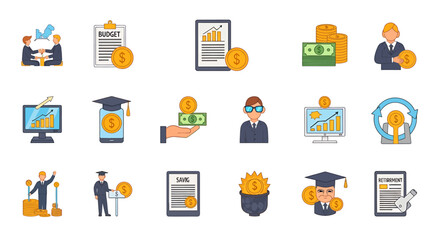 Poster - Vector Icons Set of A collection of colorful flat design icons representing business finance and investment concepts including money savings budget and retirement planning illustra. EPS Editable