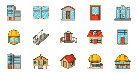 Poster - Vector Icons Set of A colorful cartoon collection of various building icons including houses offices doors stairs and construction elements. EPS Editable