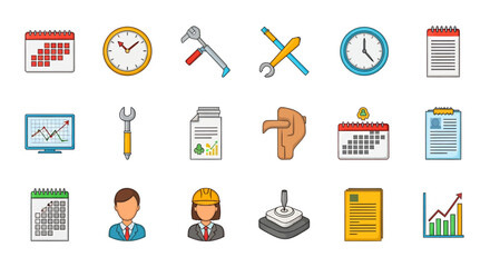 Poster - Vector Icons Set of A colorful collection of cartoonstyle business and industry icons including tools calendars graphs and professional avatars all with bold outlines. EPS Editable