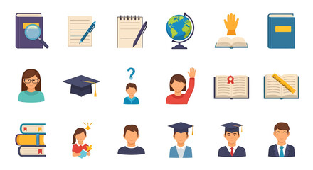 Poster - Vector Icons Set of A colorful collection of flat design education icons This set includes students graduates books a globe a graduation cap and other schoolrelated learning symbol. EPS Editable