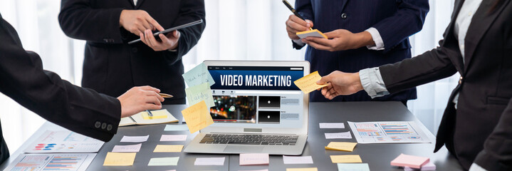 Poster - Analyst team use sticky note for creative and analytic brainstorm for business idea with BI data dashboard on laptop screen. Analysis financial data visualization tech for marketing strategy. Prodigy