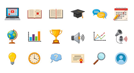 Poster - Vector Icons Set of A vibrant set of colorful cartoon icons representing online education elearning and academic achievement. Vector Illustrations. EPS Editable