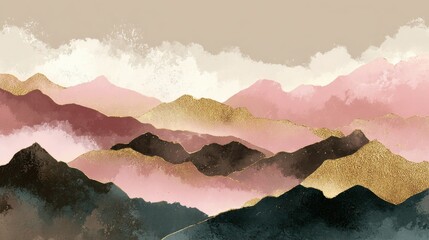 Poster - Mountain background vector. Minimal landscape art with watercolor brush and golden line art texture. Abstract art wallpaper for prints, Art Decoration, wall arts and canvas prints. , no logos, no bra