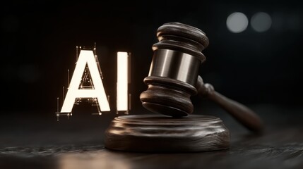 Poster - Wooden judge gavel resting on its sounding block with large AI lettering displayed on a screen in the background, symbolizing artificial intelligence in legal and justice matters