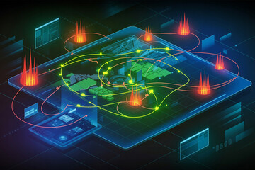 Aufkleber - Futuristic digital network connecting global data with glowing lines and fiery nodes