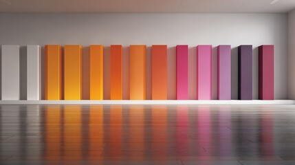 Poster - A vibrant display of tints and shades including Orange, Pink, Violet, and Magenta rectangles arranged in a line on the wall, creating a stunning piece of art reminiscent of a flooring pattern