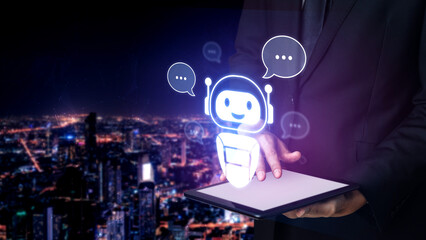 Poster - AI chatbot virtual assistant interacting with users through AI conversation bubbles, symbolizing AI automation, smart communication, and AI digital artificial intelligence help support Vouch
