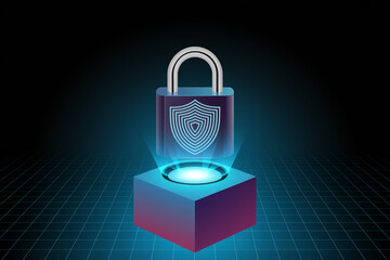 Aufkleber - Digital padlock with fingerprint scan glowing on a futuristic pedestal representing cybersecurity and data protection
