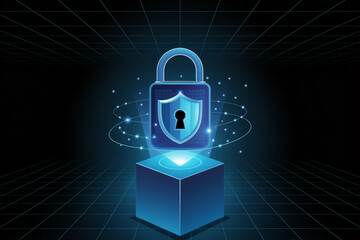 Aufkleber - Digital padlock with shield glowing on a futuristic cube representing cybersecurity and data protection