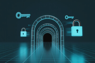 Aufkleber - Futuristic digital security concept with glowing locks and keys in a neon tunnel