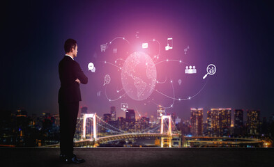 Poster - Visualization of global digital communication and online across multiple platforms, including global network, digital network, communication network, and online network. Vouch