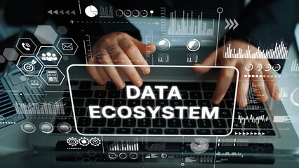 Poster - Business professional working on laptop with data ecosystem interface showcasing analytics and technology charts and graphs. Asymptotic smart data analytic.