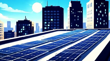 Solar panels atop a building roof with cityscape in the background, cartoon style
