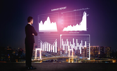 Poster - A businessman stands before glowing digital data visualizations representing financial summaries, with a vibrant city skyline at night, symbolizing progress. Impute