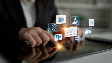 Poster - Digital business infrastructure with data system, analytics, sync. System management improves access, system management ensures performance, and system management supports digital operations. Latch