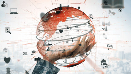 Poster - A visually engaging depiction of a global network, showcasing interconnected devices and social media elements, symbolizing digital communication and support. Xenic