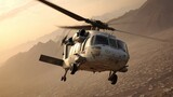 Military helicopter over desert landscape