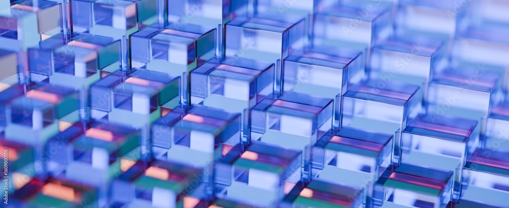 Abstract background of crystal clear glass blocks forming a textured ...