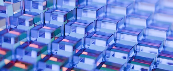 Poster - Abstract background of crystal clear glass blocks forming a textured pattern. Transparent material with iridescent reflections, creating vivid prismatic shapes and a dynamic, enchanting 3D render.