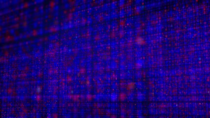Poster - Abstract digital technology background features a dynamic blue matrix with pulsing red particles. Ideal for themes like data, AI, computing, or corporate tech concepts. Seamless loop, 4K, 3D render.