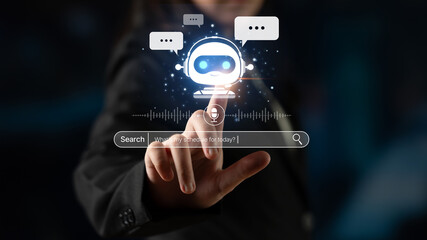 Poster - AI assistant with voice chat interface, combining smart chatbot, voice command, and AI-powered control search tools. Agentic AI assistant helps users search and chat naturally. Spline