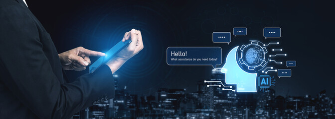 Poster - Conversational AI assistant enhances chatbot interaction. AI assistant supports queries, answers instantly, AI assistant improves experience, and AI assistant drives engagement. Vouch