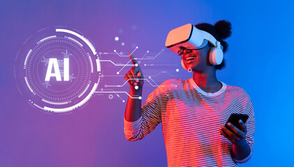 Poster - A vibrant image showcasing a young woman wearing a virtual reality headset, engaging joyfully with AI technology concepts in a colorful, futuristic environment. XDMCP