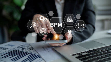 Poster - Business Process Management concept showing workflow analysis, process optimization, team collaboration, automation, and performance improvement Latch