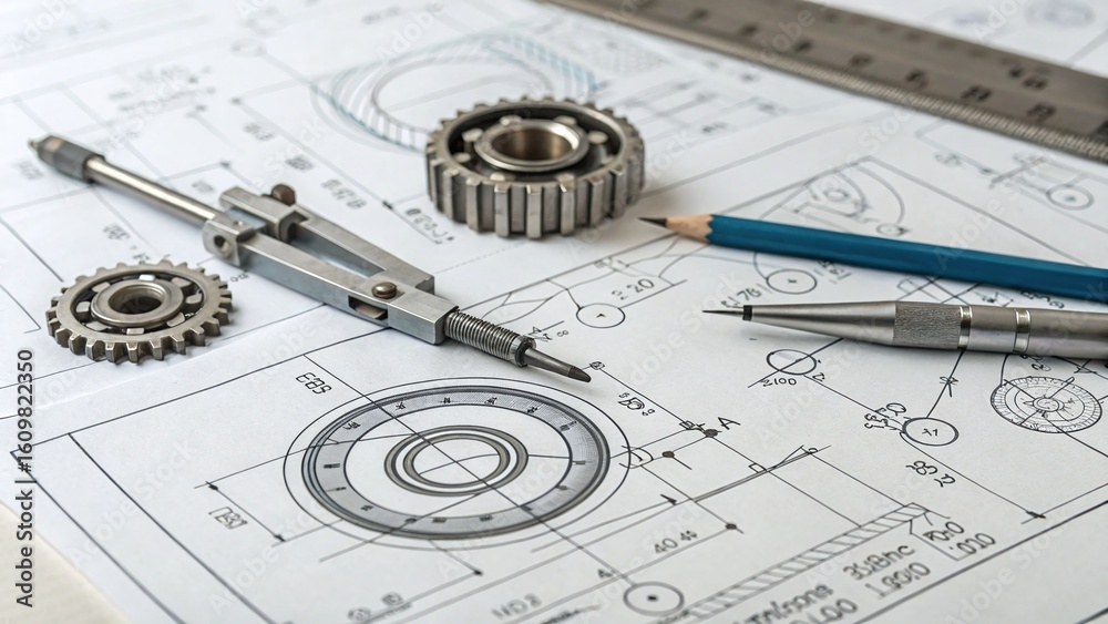 STEM educational supplies concept Technical drawing with mechanical ...