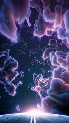 Wall Mural - surreal cosmic landscape with a low-angle view of a road leading into vibrant, swirling clouds again