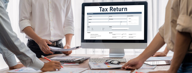 Poster - Online tax return form for submitting individual income tax return form brisk on the internet website. Government web for tax payment and return. Taxation technology concept.