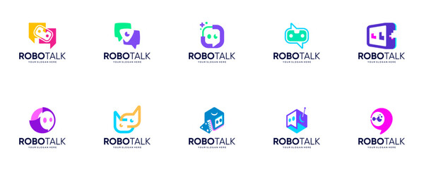 A collection of robot head logos and chat bubbles, human assistants, modern technology, vector graphic design.