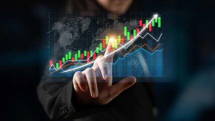 Poster - A business professional engages with a digital stock market graph highlighting upward trends and financial data, symbolizing investment growth and analytics. Impute