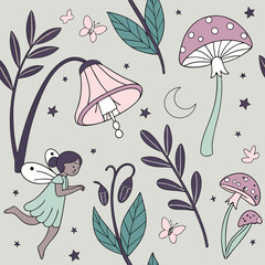 Poster - Enchanting seamless pattern design featuring tiny whimsical elements with a magical color palette and elegant typography